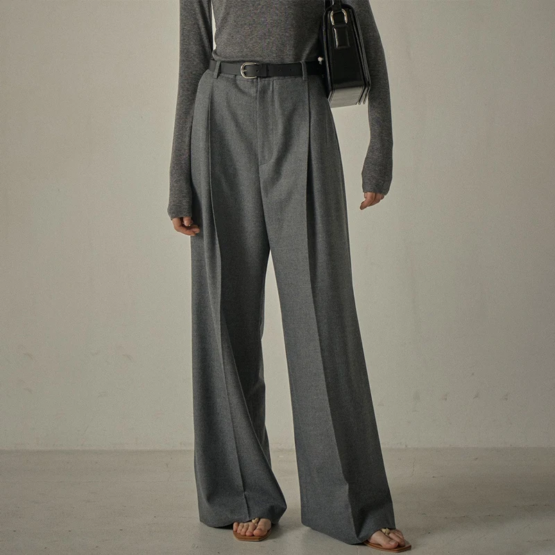 

American Sle High Waist Wool Wide Leg Pants Women's Casual Trousers Autumn Winter Floor Length Pleated Commute Pants