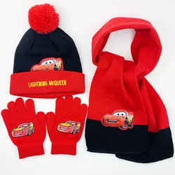 McQueen Cars Thermal Set Children Hat Scarf Gloves 3 Pcs Knitted Suit Autumn Winter Warm Neck Cartoon Boy Girl Pullover Hat Gift