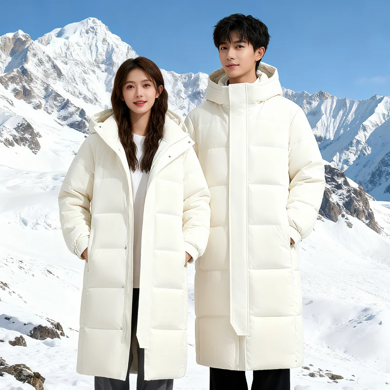 

Couple Winter Down Jacket Fashion Classic Slim Korean Style White Duck Down Men's Long Coat Women Hooded Outwear