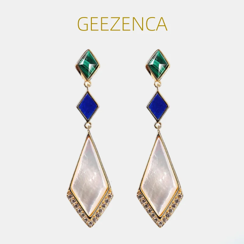 

GEEZENCA Malachite Lapis Lazuli Shell 925 Silver Dangle Earrings For Women Unusual Geometric Natural Stone Drop Earring Gift