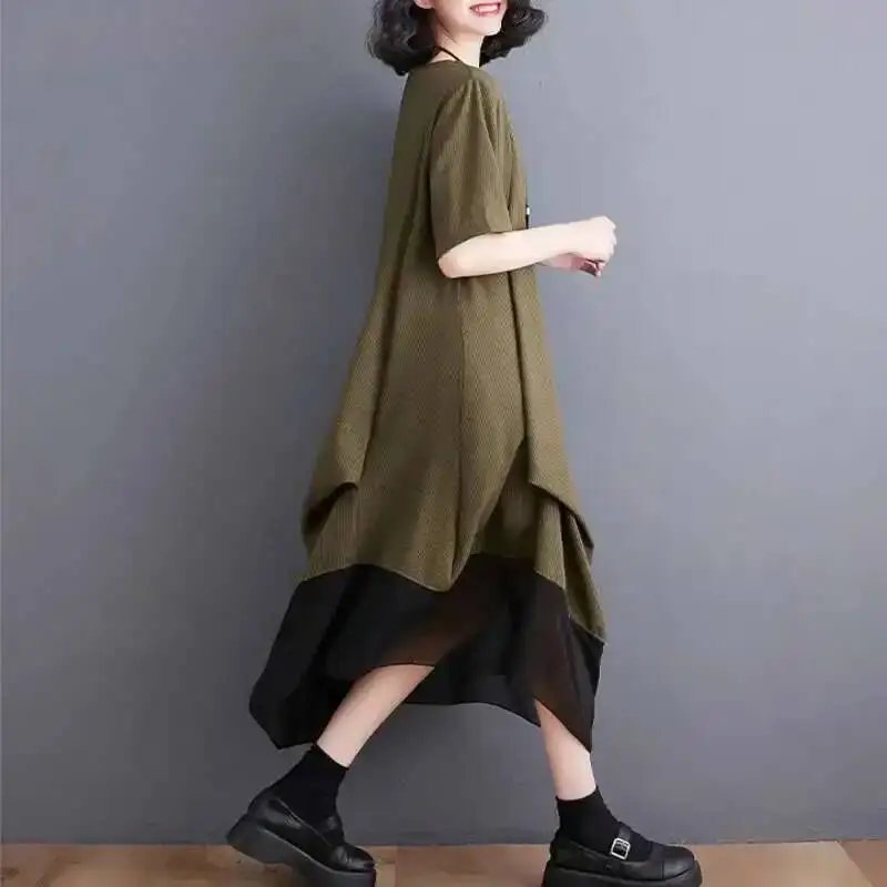 #3336 Black Green Grey Striped T Shirt Dress Women Pockets Loose Folds Spliced Mesh Asymmetrical Midi Dress Short Sleeve Summer
