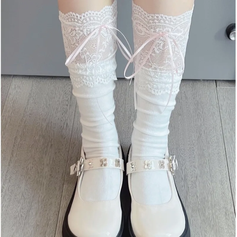 القوس الجوارب النساء الحلو الشريط لوليتا منتصف العجل الجوارب الجوارب القطنية البيضاء الدانتيل الدانتيل الجوارب القصيرة