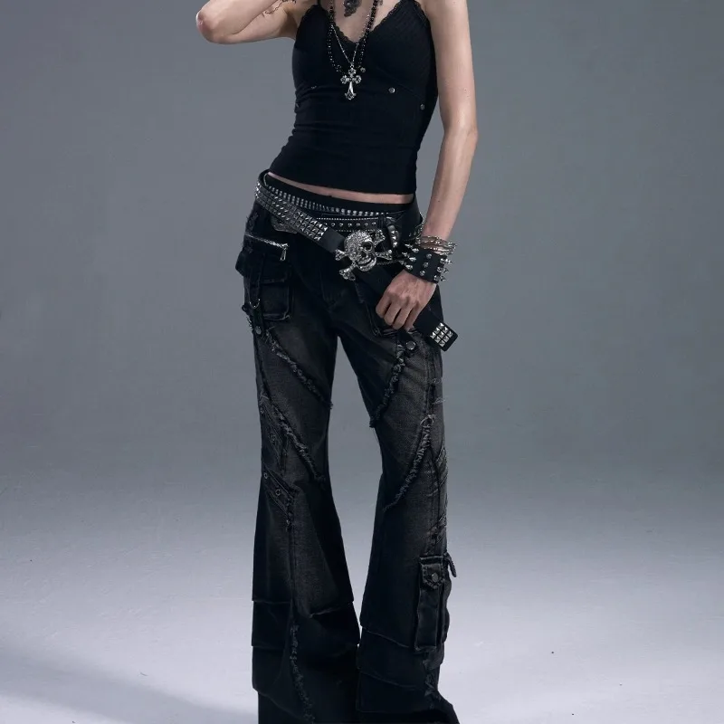 

American Retro Punk Street Denim Pants Heavy Industry Washed Old Rough Edge Three-dimensional Bag Casual Micro-pull Jeans Female