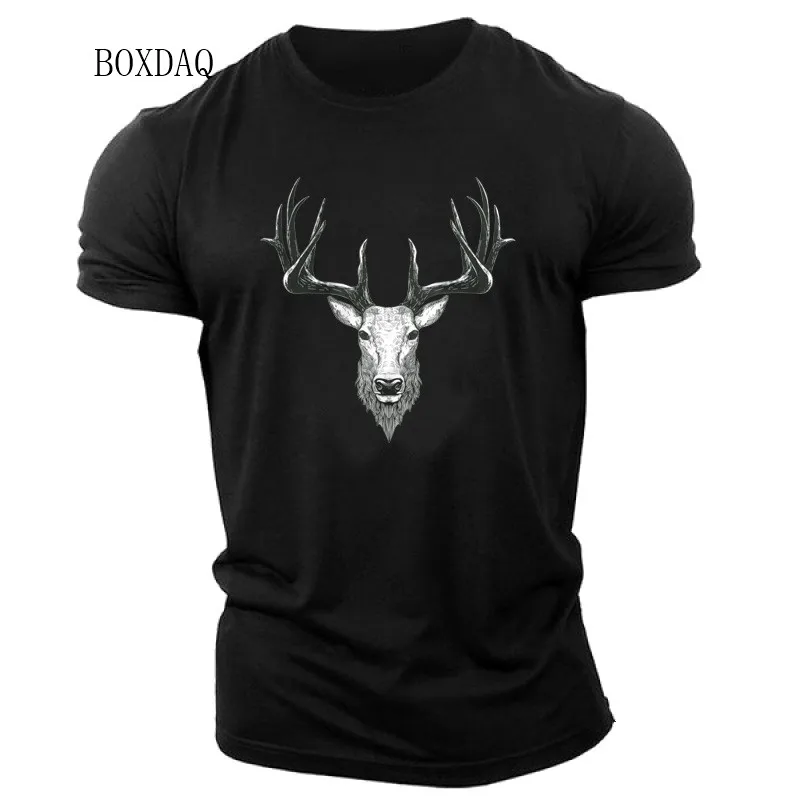 Christmas Deer Men\'s Black T-shirts Short Sleeve 3d Animal Print Street Man Tees 6XL Plus Size Male Clothing Casual Simple Tops