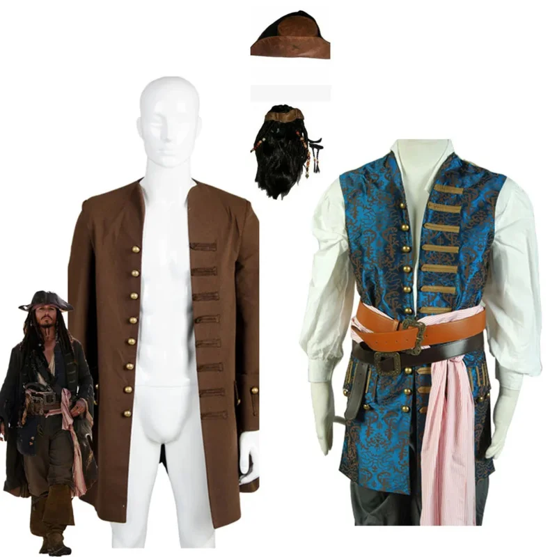 Piraat Jack Cosplay Sparrow Cosplay Kostuum Vest Jas Mantel Hoed Halloween Carnaval Kerstoutfits Voor Volwassen Mannen Jongen Vermommingen
