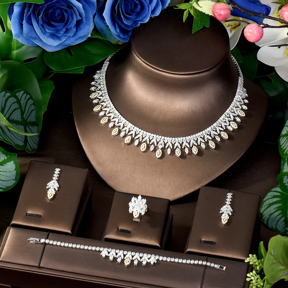 HIBRIDE 2025 Popular Luxury Flower Accessory Set CZ Zirconia Noble Glow Necklace Earrings Bridal Wedding Party Custom Gift S-136