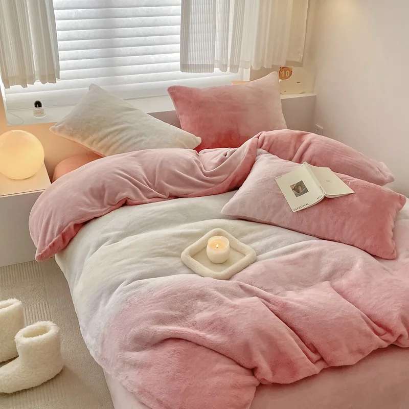 Japanese Simple Gradient Colour Duvet Cover Set Winter Thickened Plush Warm Quilt Cover Sheet Pillowcase 4pcs Luxury Bedding Set