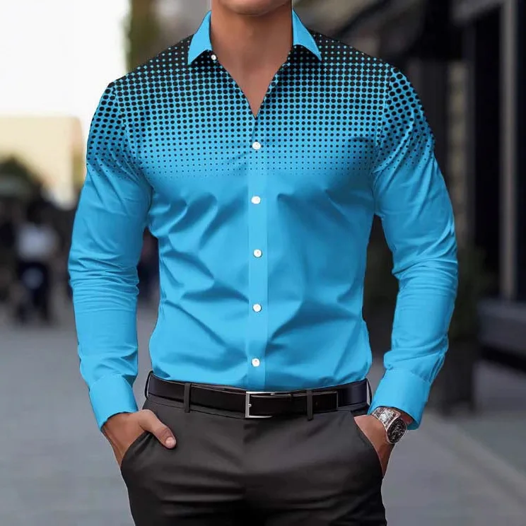 Spring And Autumn Men's Top Four-sided Polka Dot 3D Printed Casual Long Sleeve Shirt