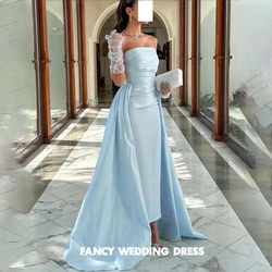 Fancy Elegant Blue Strapless Evening Dress Saudi Arabia Sleeveless Satin Pleats Prom Gown With Long Shawl With Glove customized