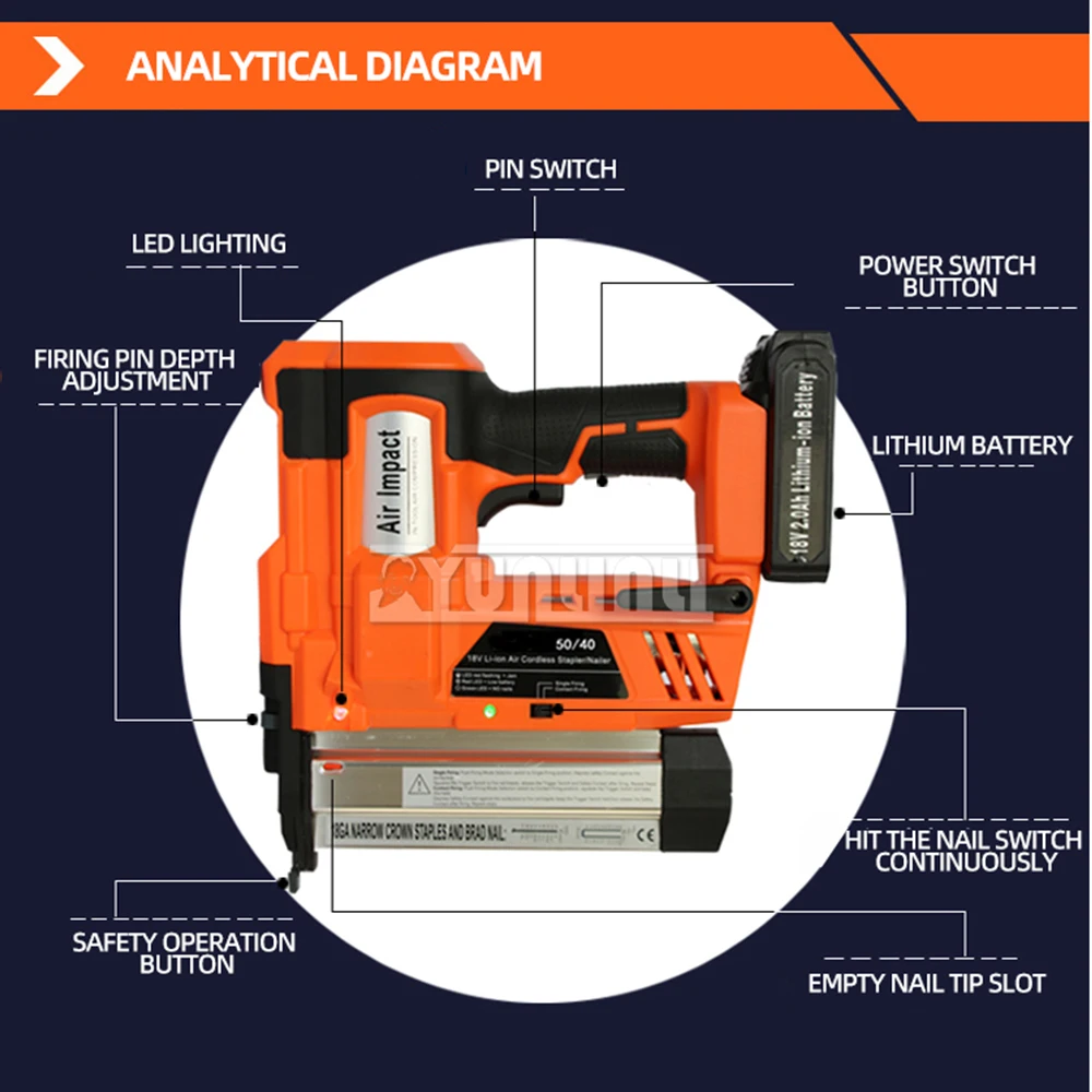 Cordless Rechargeable Nail 18v 2000mah Lithium Battery Woodworking Decoration Electric Nailer Lithium Electric Nail Gun