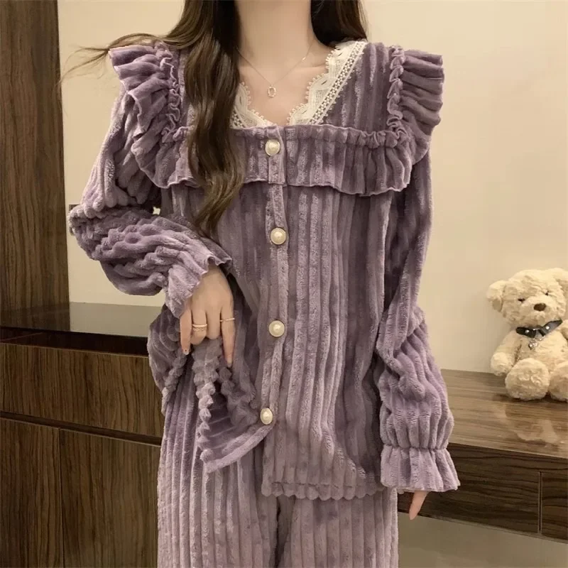 2024 New Autumn Pajamas Set Women\'s Coral Flannel Winter Two-piece Set Comfort Thickened Flannel Coral Velvet Homewear Suit