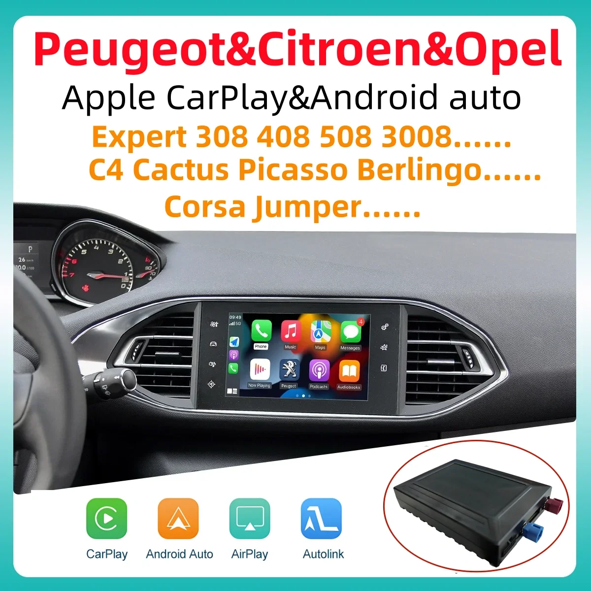 Apple Carplay sem fio para Peugeot, Android Auto, Peugeot 308, 408, 508, Expert Partner, Citroen Berlingo C4, Cactus, Picasso C5, COPel Corsa