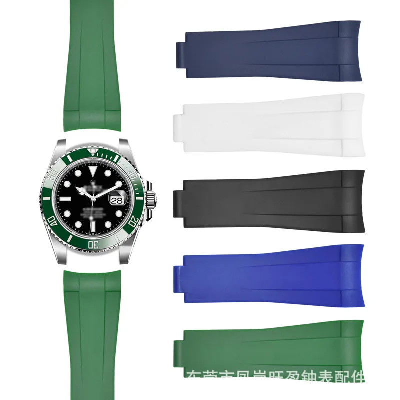 Correa de reloj de rubb Natural suave con extremo curvado, 20mm, para correa Rolex Submariner Datejust FKM, banda de goma, pulsera de buzo, hebilla deslizante 9 × 9