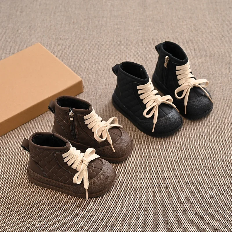 Sepatu bot anak laki-laki bertali depan modis hangat Sneakers kasual atasan tinggi sepatu bot sepergelangan anti-selip desainer anak perempuan alas kaki luar ruangan H11062