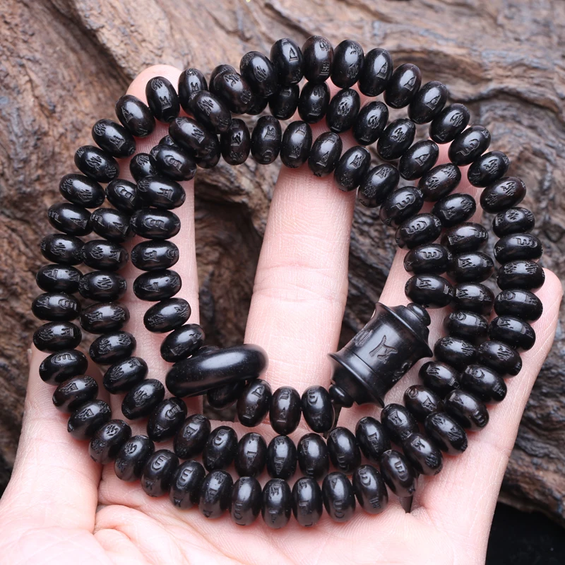 Natural Ebony Tibetan Rosary Beads Six-Character Truth Words 6mmx10mm 108 Beads MALA Necklace