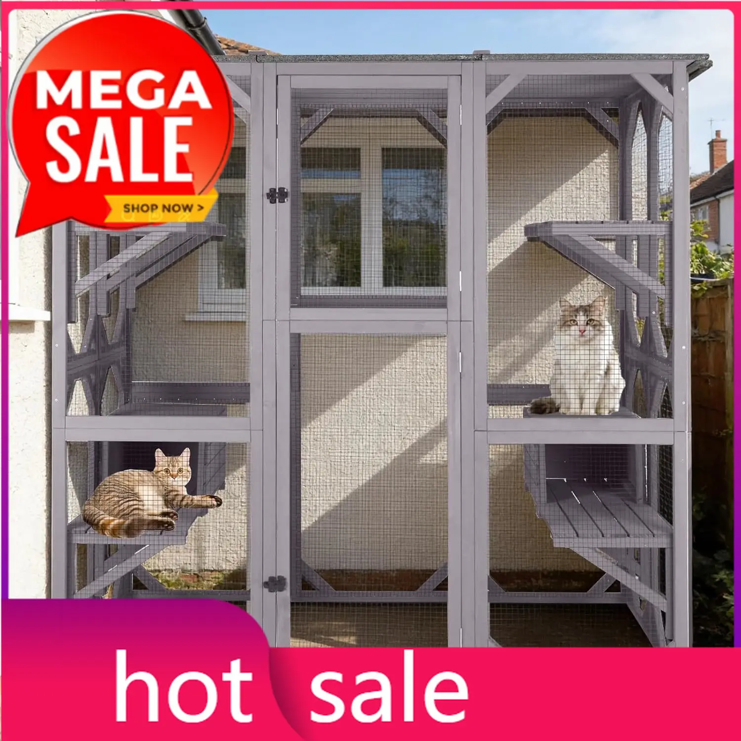 

Вольер-домик Catio для кошек, очень большой, с окном, для уличных кошек, с асфальтовой крышей, 7 платформ, 2 зоны для отдыха
