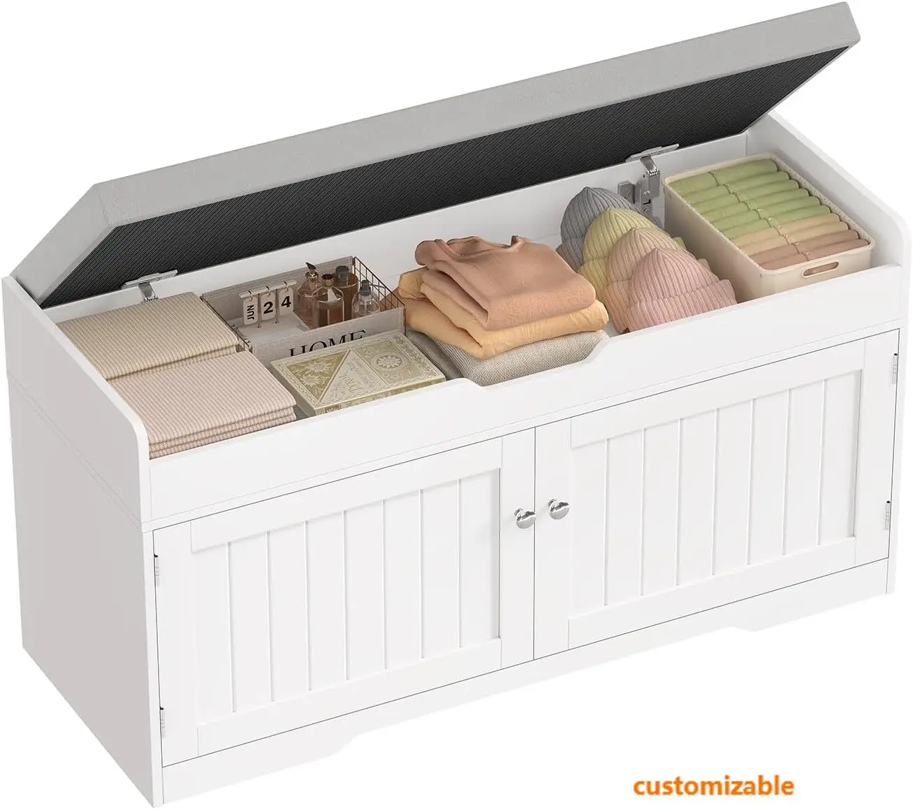 Banco de zapatos con almacenamiento superior elevable, banco de entrada con cojín de asiento acolchado, banco de almacenamiento de zapatos con 2 estantes ajustables