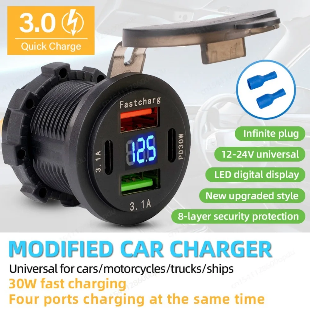 Hot Sale,4-Port 12V RV USB Outlet Dual USB & Dual PD Port Fast Car Charger Socket with Voltmeter for Car Boat Marine Motorcycle