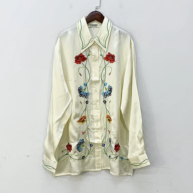 Export Embroider Silk Crepe Satin Long Sleeves Shirt 100% Mulberry Silk Outwear Cardigan Women Blouse