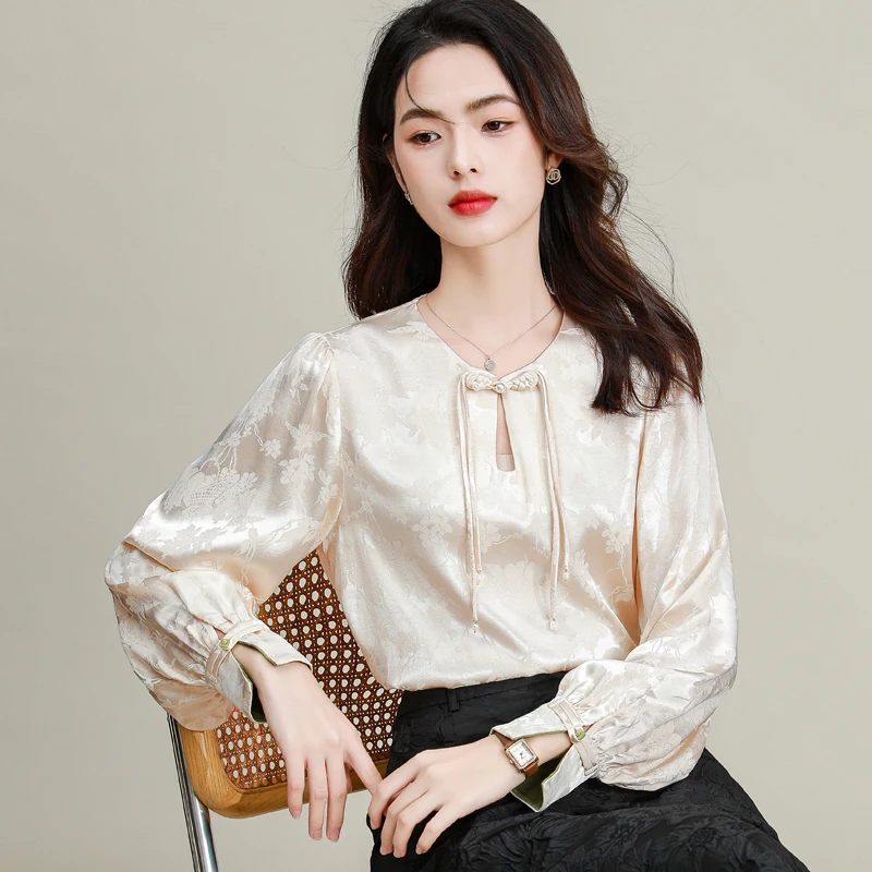 2024 Women Silk Jacquard Tops Beige Low-key Floral Pattern Blouses New Chinese Qipao Style Clothes Office Lady Elegant Attire