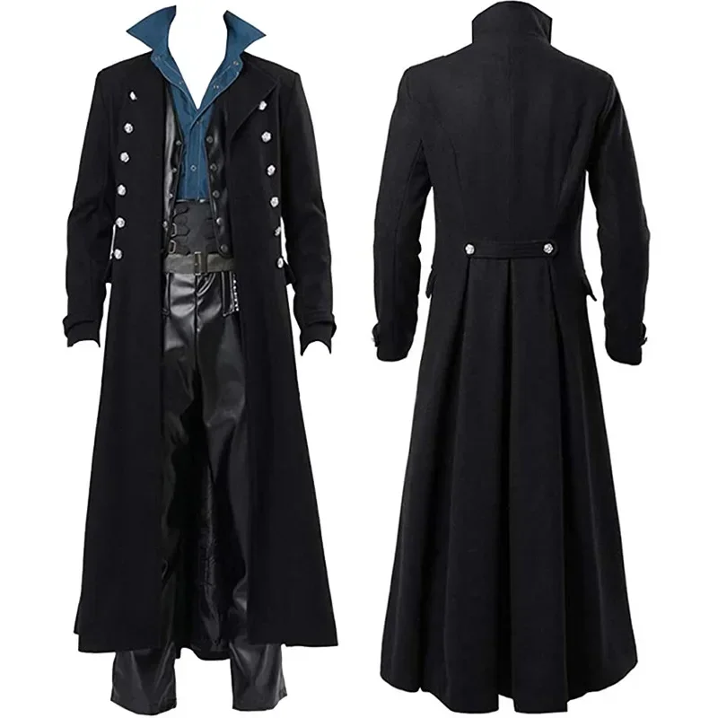 Casaco medieval steampunk masculino, jaqueta longa, vintage, gótico, vitoriano, uniforme, fantasia de halloween, abrigo hombre