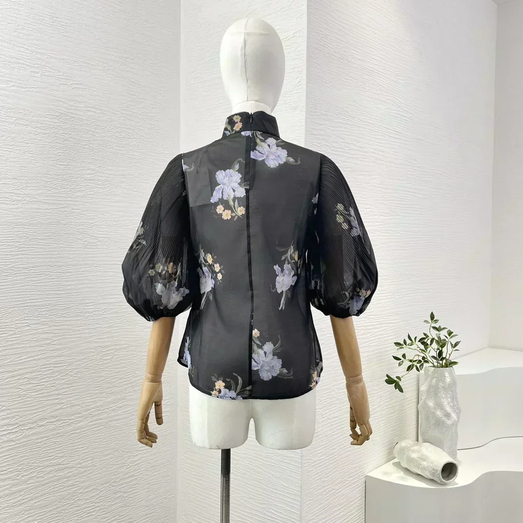 Chemisier à demi-manches bouffantes à imprimé floral noir pour femme, jupe midi plissée en cascade, superposition Y, ensemble de vacances vintage, automne, nouveau, 2024