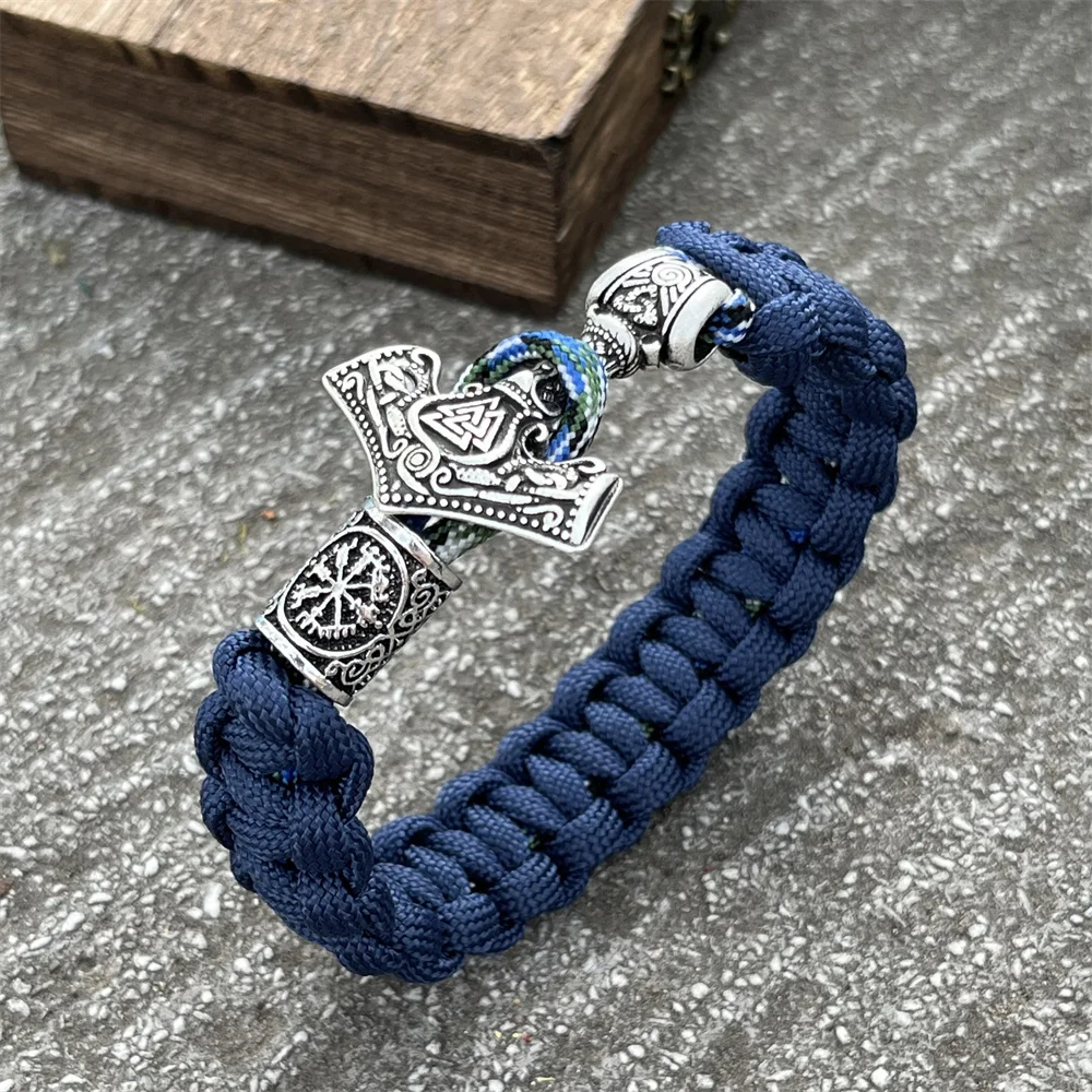 Thor Hammer Mjolnir Runes Teiwaz Algiz Amulet Jewelry Norse Viking Accessories Paracord Rope Bracelets For Men Women Bangles