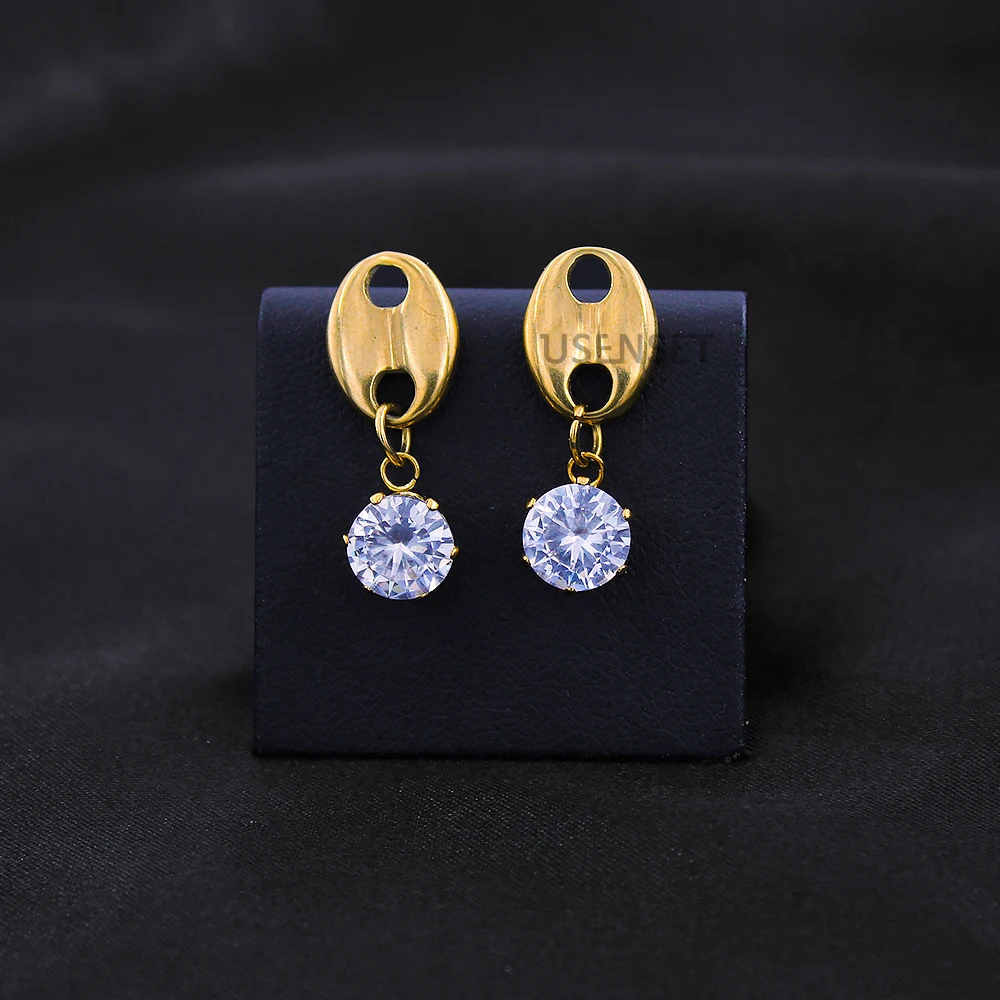 USENSET Stainless Steel Coffee Bean Pig Nose Necklace Earring for Women Shiny Gold Color Zircon Pendant Cute Jewelry Set