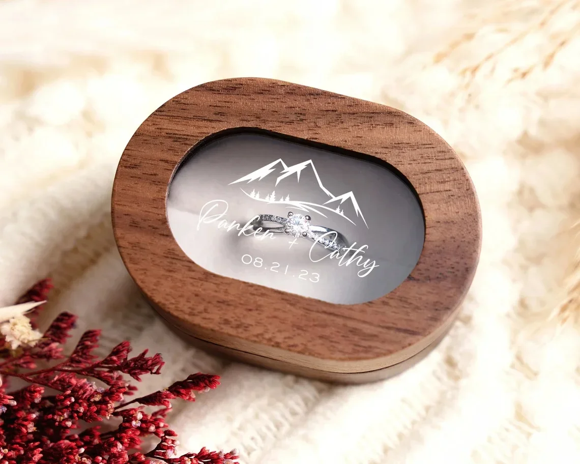 1PCS Free Custom Wooden Wedding Ceremony Ring Box Clear Personalized Engraved Engagement Proposal Holder Bridal Gift For Her