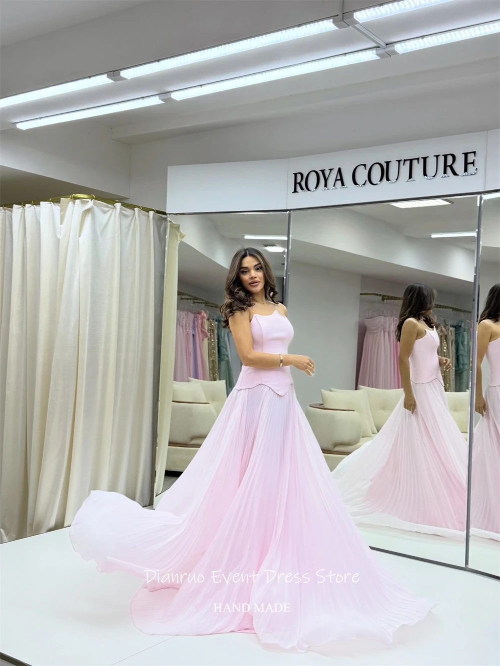 فستان سهرة Dianruo رشيق وردي بدون حمالات بحاشية مطوية فستان سهرة وردي شيفون متدفق على شكل حرف A رداء Bal De الترويجي مخصص #5