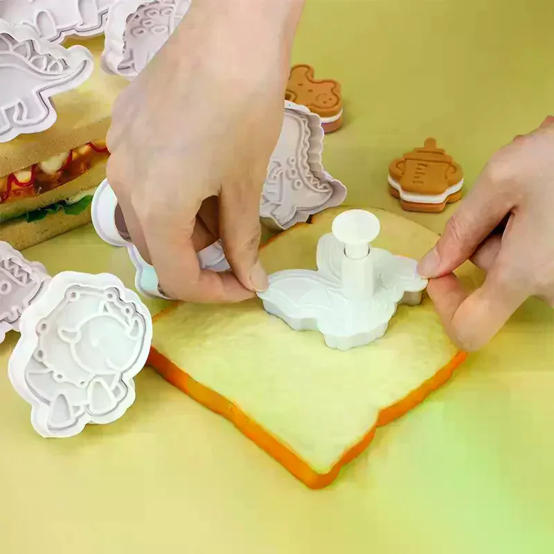 [MA]4Pcs Dinosaur Cookie Cutters, Cartoon Plunger Stamp Molds, Animal Shapes Baking Tools for DIY Biscuit Making[MA]