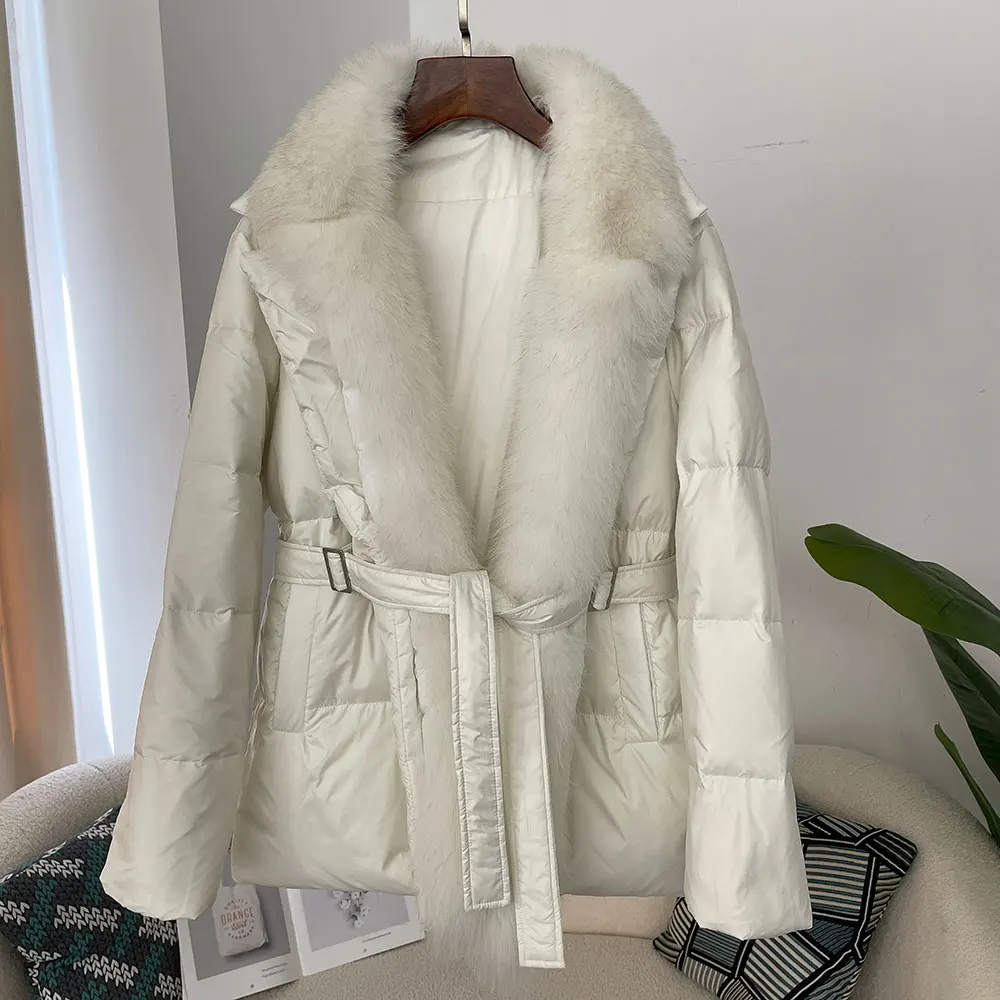 Winter New White Goose Down Coat Down Jacket Women Parkas Slim Coat Belt Outwear Female Warm Luxury Natural Fox Fur Collar