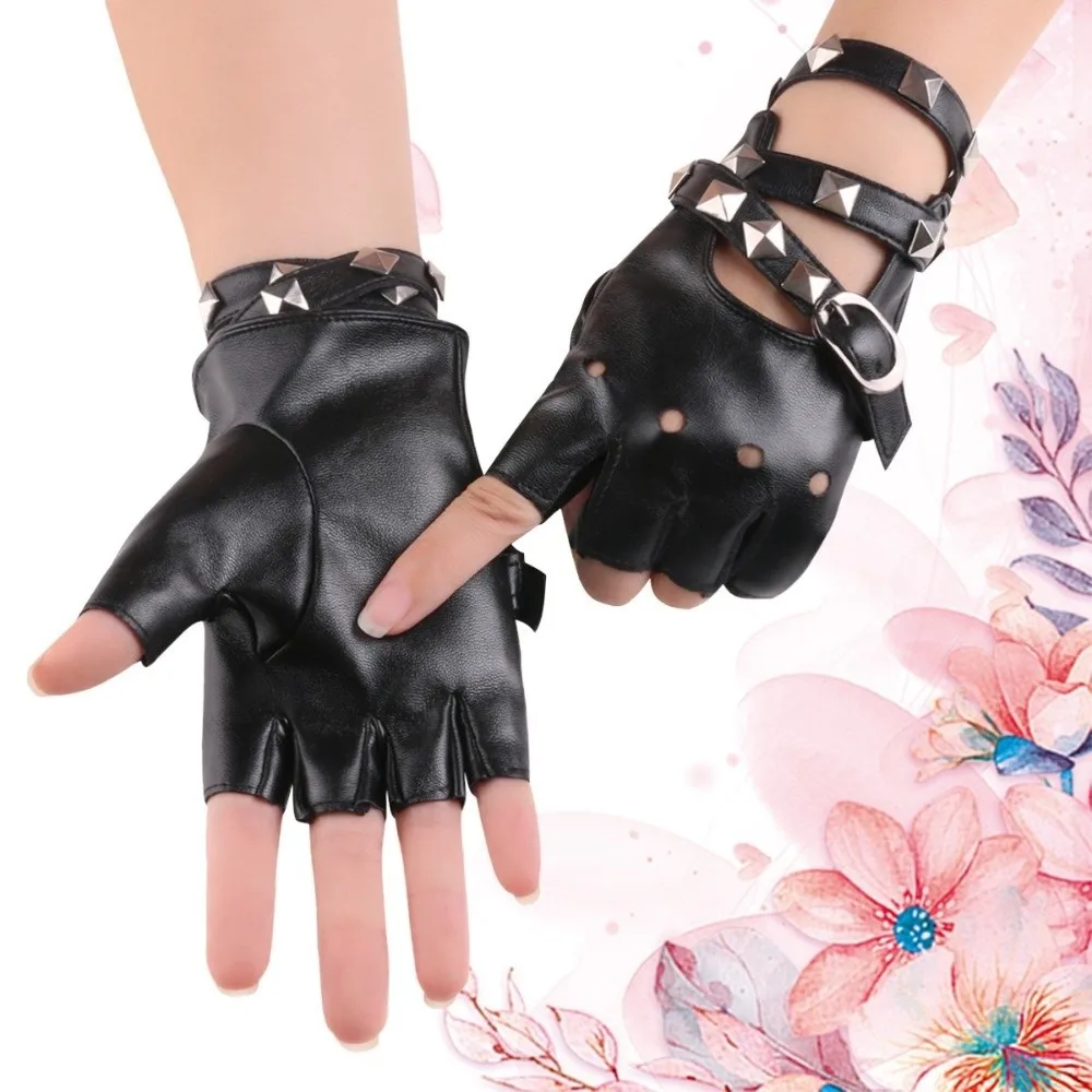 

Unisex Punk Rivets Belt Wrist Gloves Cool Anti-Slip Driving Gloves Gothic Breathable Performance Gloves Disco Dancing