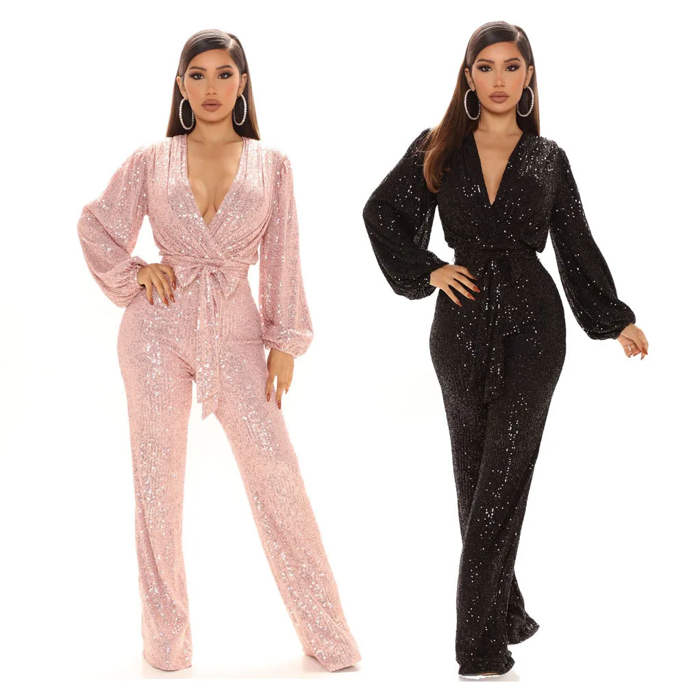 Fashion sexy v-neck party party club nightclub sequin one-piece wide leg jumpsuit pants