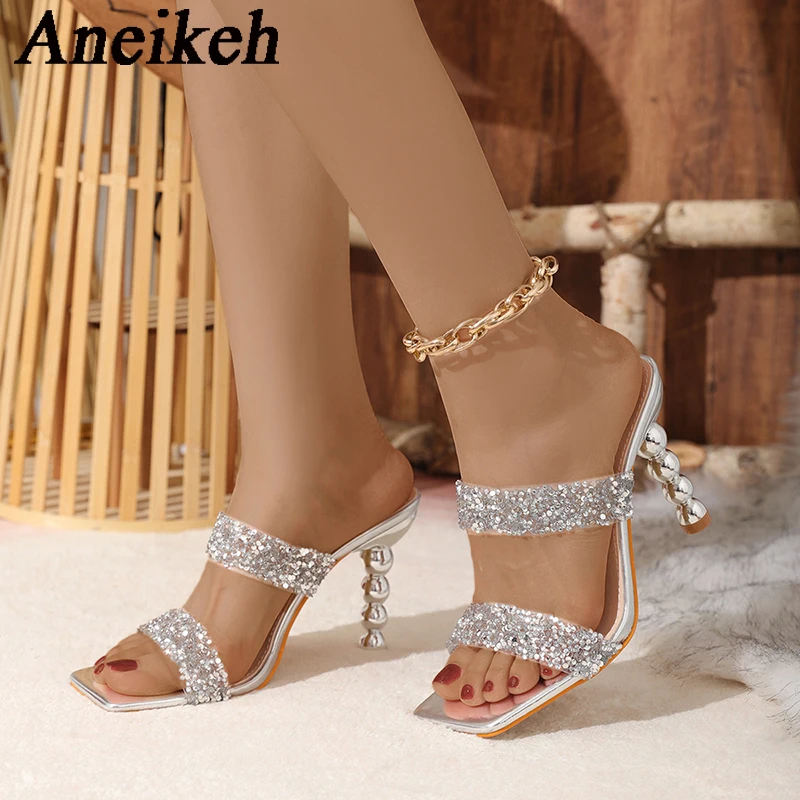 Aneikeh Sexy Silver Sequin rhinestone PVC Slippers For Women Square Toe Strange High Heels Sandals Summer Fashion Party Shoes