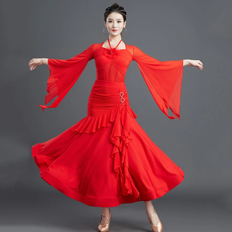 

2025 Red Modern Dance Dress Competition Standard Ballroom Dance Performance Costume Waltz Dress Long Sleeve Bodysuit Skirt 3259