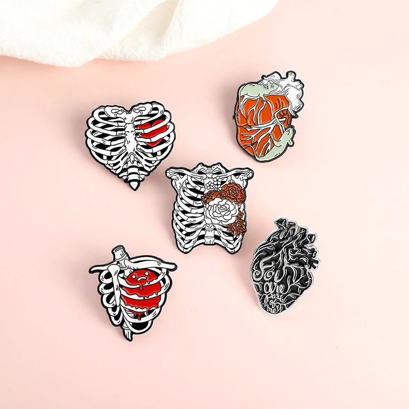Love Even Dead Enamel Pins Custom Rib Cage Rose Heart Brooch Lapel Badge Bag Gothic Punk Jewelry Gift for Friends