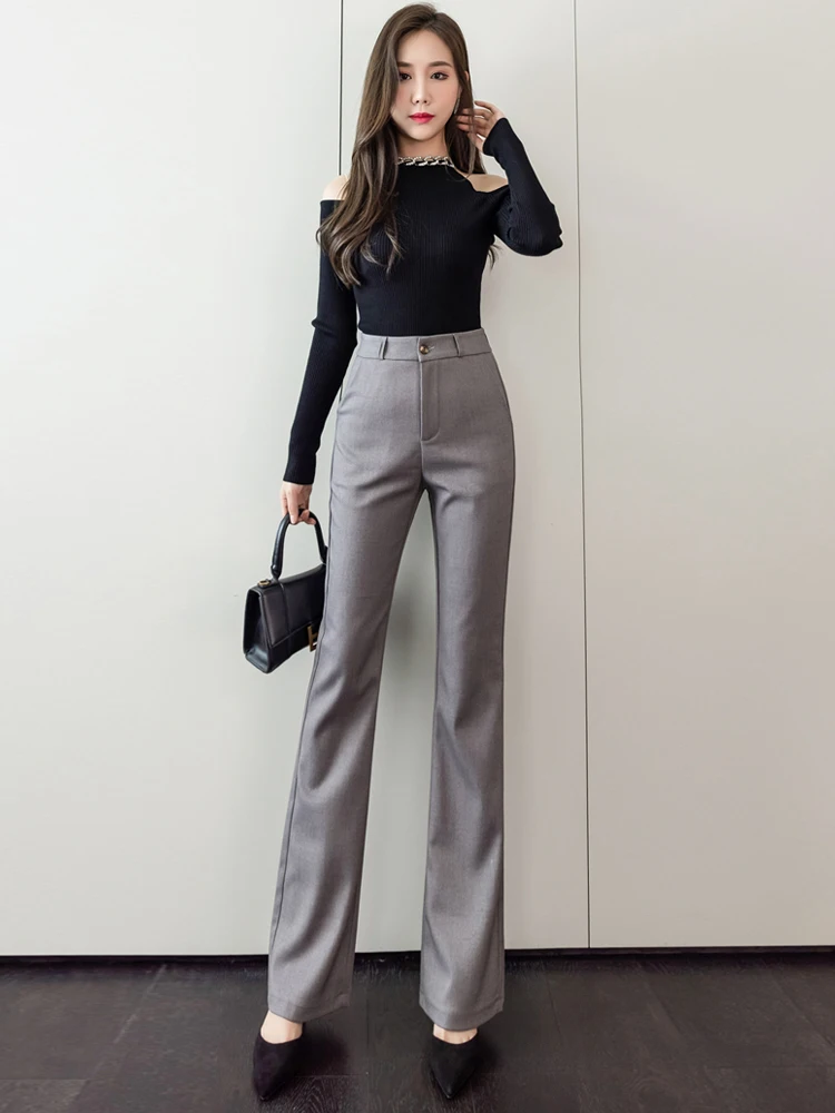 Fashion Business Suit Pants Women High Waist Elegant Korean Vintage Black Gray OL Flare Pants Female Simple Straight Trousers