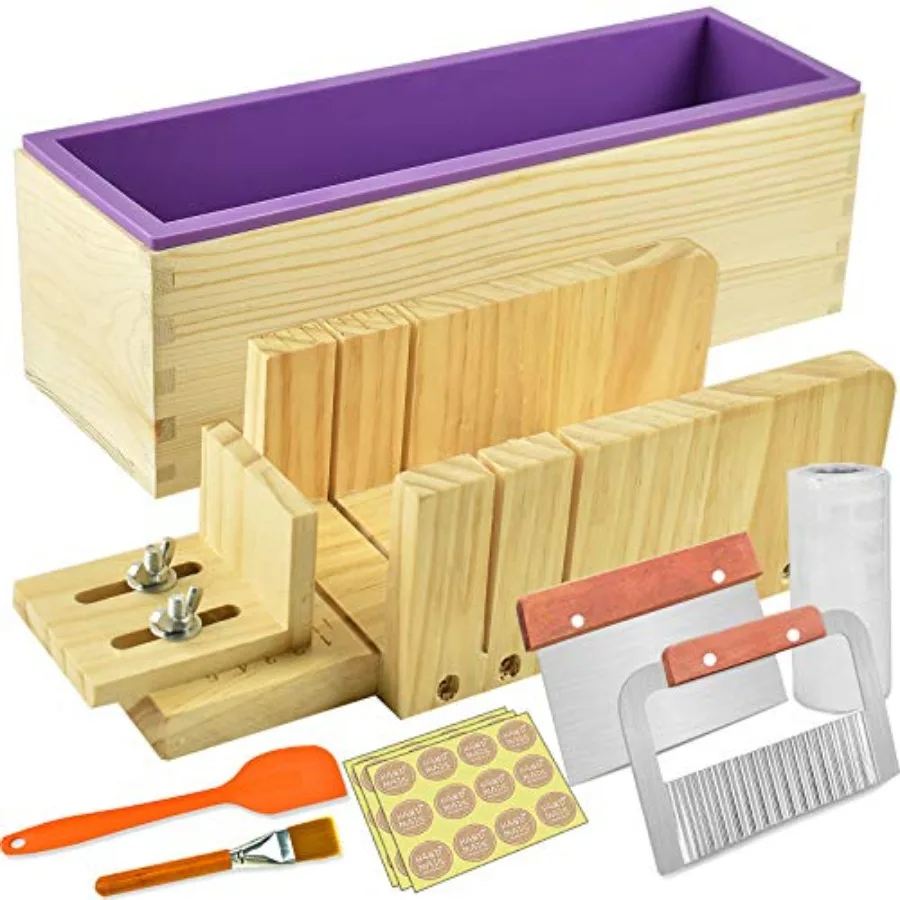 

Loaf Soap Making Cutting Mold Kit Multi-Function Adjustable Wood Soap Mold Set - Rectangular Silicone Mold Set with Stainless S