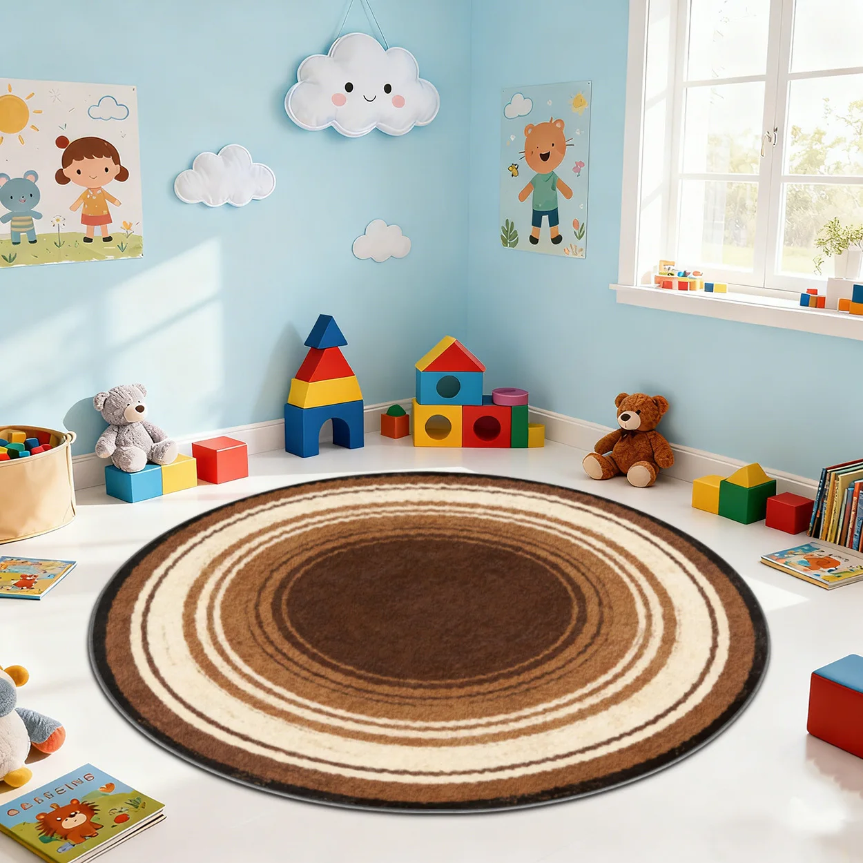 2d Printed Brown Cream White Concentric Circles Round Area Rug Non Slip Floor Mat For Minimalist Warm Home Decor Gift