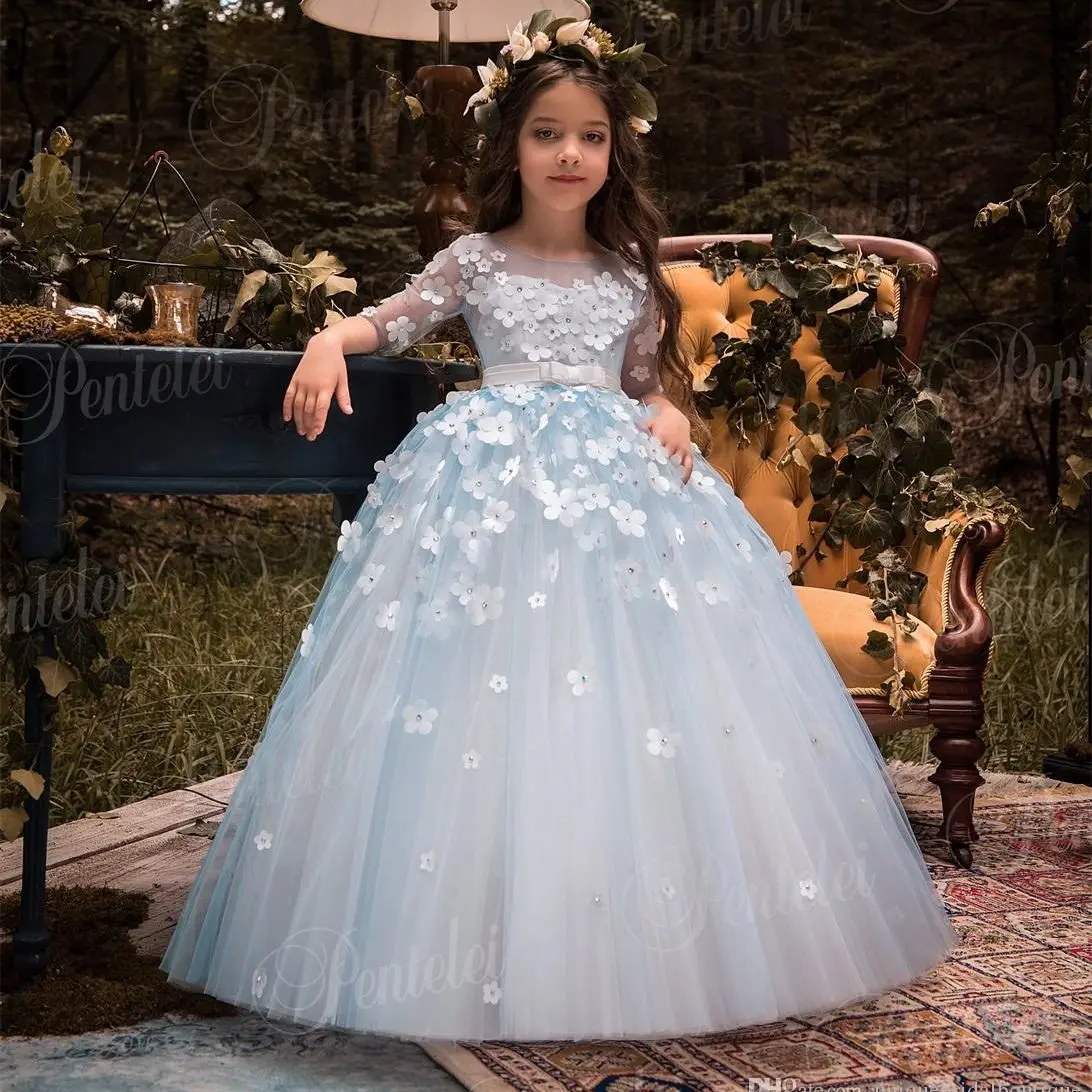 Customized Sky Blue Tiered Flower Girl Wedding Dresses Lace Tulle Children Birthday Gowns First Kids Communion Pageant Clothes