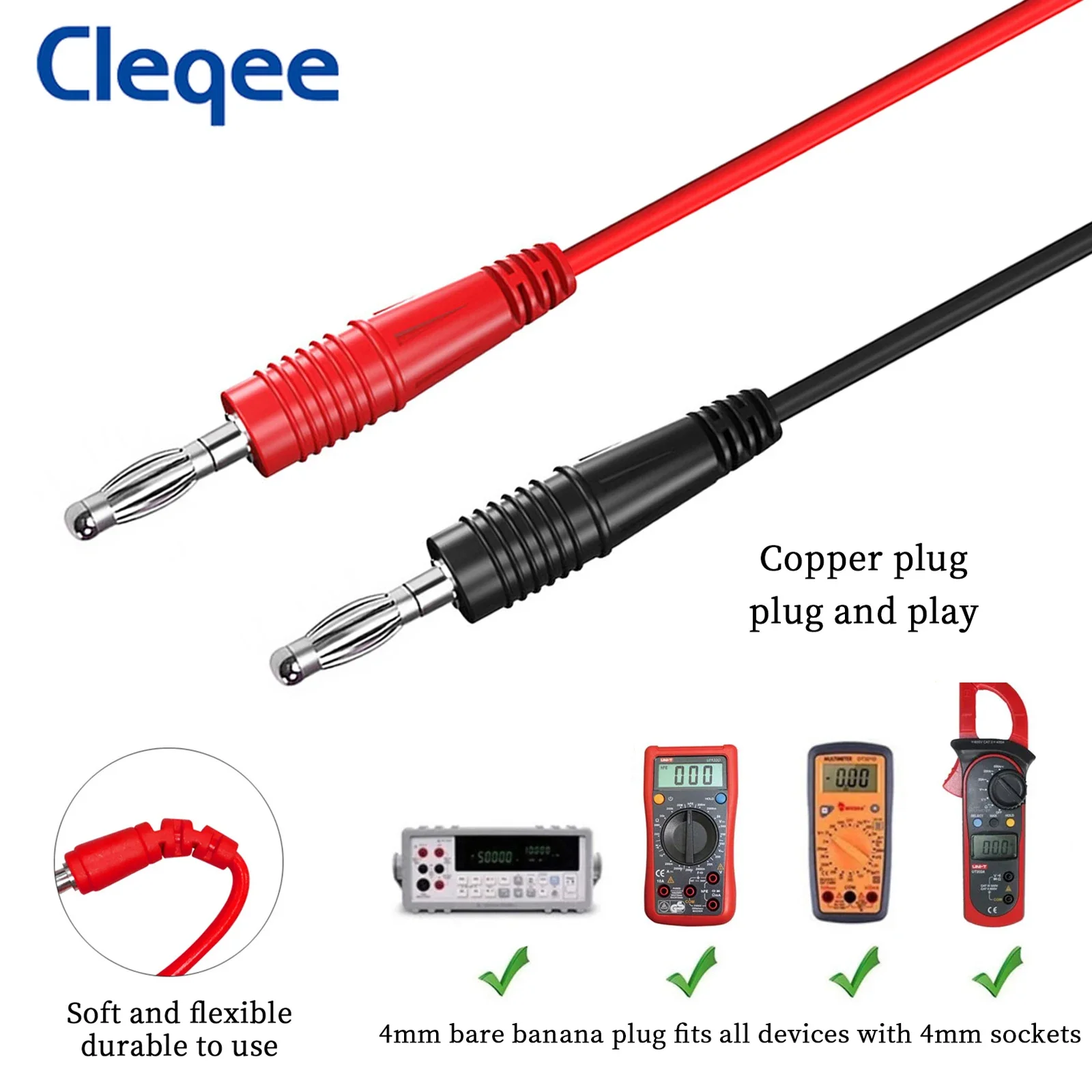 Cleqee P1041B Kit de cables de prueba de enchufe Banana Dual de 4mm, pinzas de cocodrilo a enchufe de pala tipo U de 6mm, Cable de 100cm y 1000V