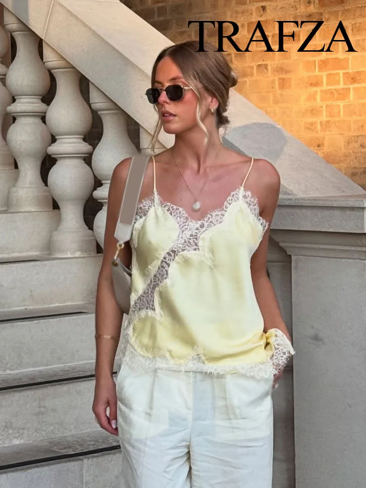 

TRAZFA Women Summer Sexy Lace Spliced Suspender Tops Woman Fashion V-neck Sleeveless Backless Hollow Asymmetrical Hem Top