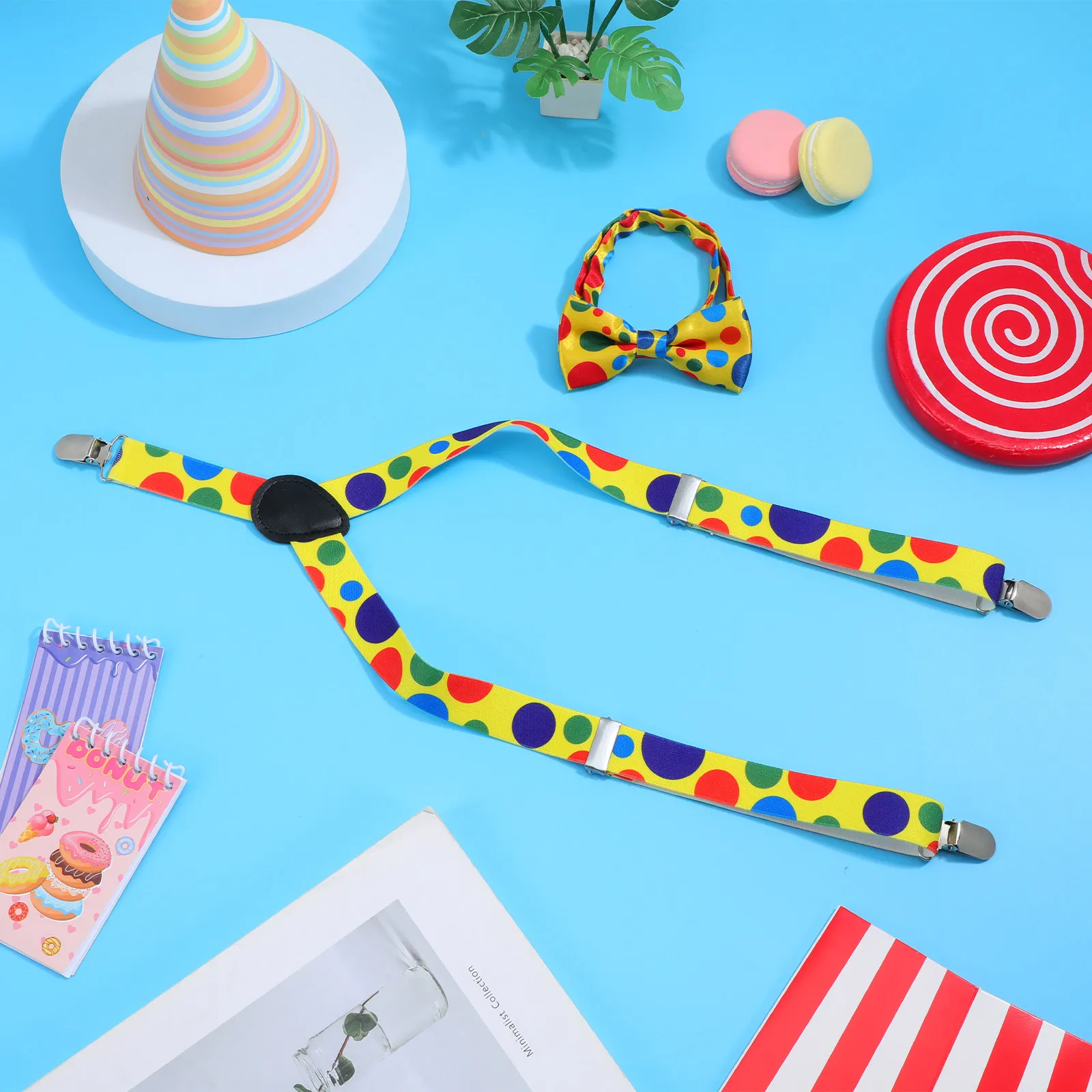 

1Set Kids Bow Tie Suspender Polka Dot Colorful Clown Costume Set for Halloween Party Toddler Cosplay Toddler Suspender