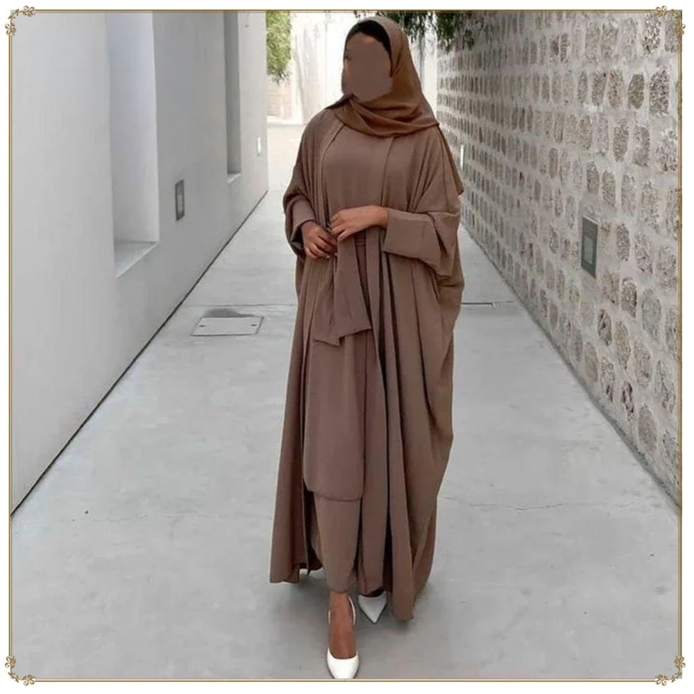 Eid Open Abaya Two Piece Muslim Sets Kebaya Dubai Solid Hijab Dress Islam Muslim Women Clothing Dubai Abayas Ramadan Dresses