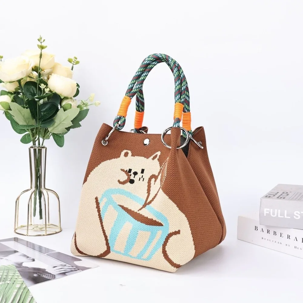 

Casual Storage Bag Knit Tote Bag Lightweight Large Capacity Woven Handbag Ring Buckle Bag Women