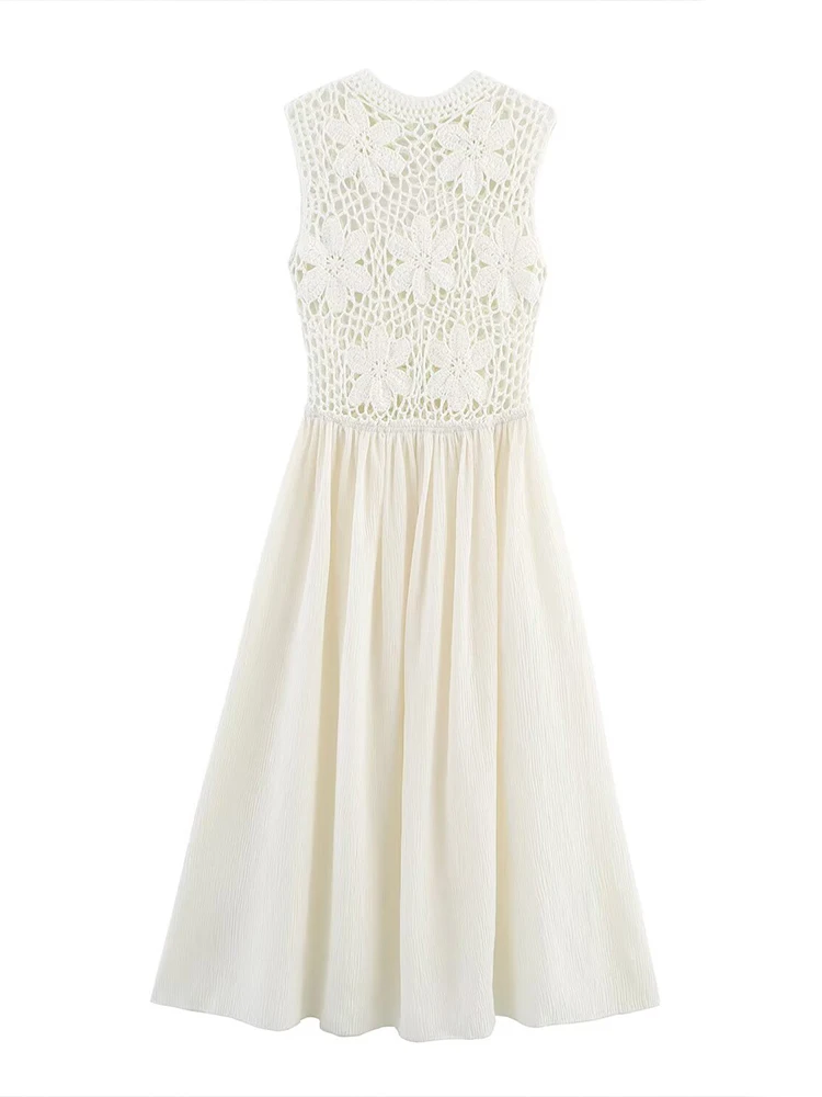 

European style new women's fashion versatile temperament solid color flower embroidery hollow stitching dress