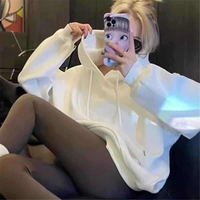 الرجعية الأمريكية بلون العصرية الأبيض هوديي المرأة الخريف الشتاء فضفاض كسول نمط الصوف مبطن سميكة تنوعا سترة #2