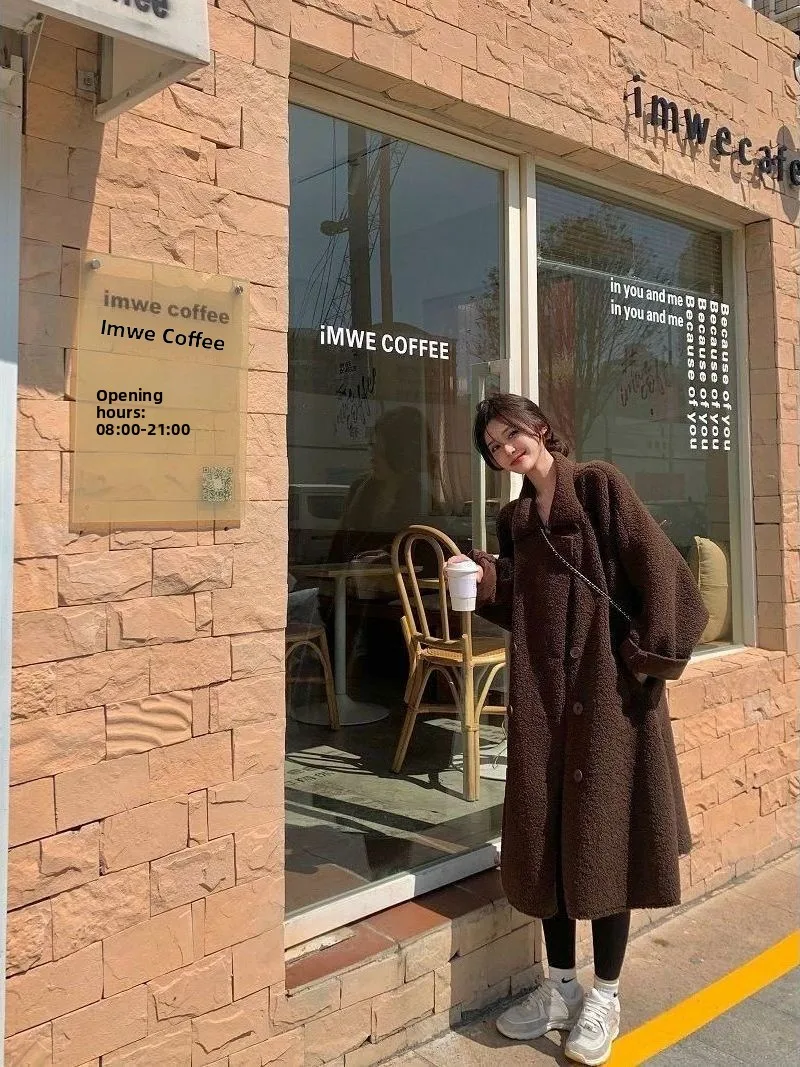 Lamb Fur Jacket Coat Mid-Length Coffee Color Women's Autumn Winter Korean Style Brand Button up Thickened Long Sleeve  Co...