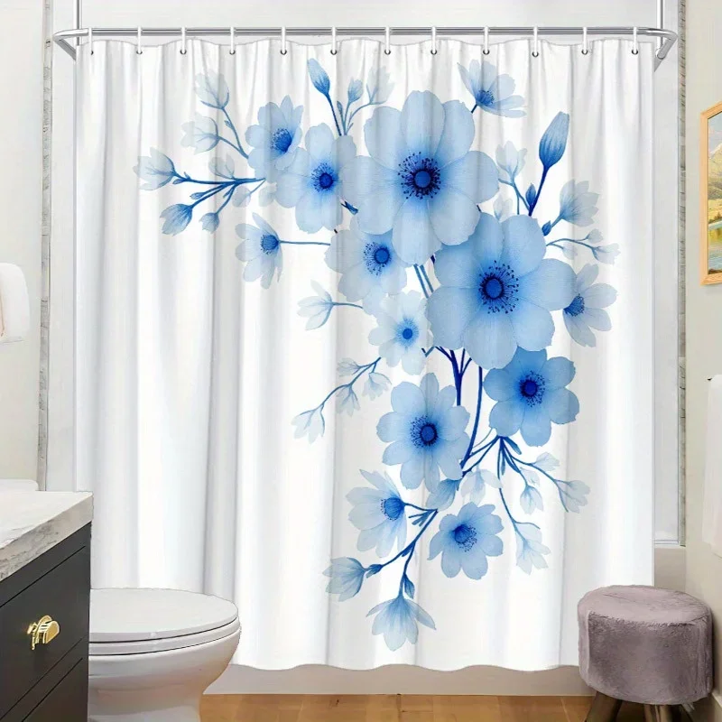 

1 шт. Занавеска для душа с цветочным принтом - синий и белый ботанический дизайн, 70x70 дюймов, полиэстер, 12 крючков, элегантный декор для ванной комнаты